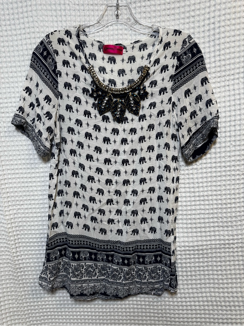 Women’s Short Sleeve Elephant Print Tunic Top - Black & White